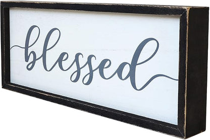 Rustic Blessed Freestanding Sign Home Decor for Living Room - Farmhouse Framed Blessed Wall Art Solid Wood Grey 12x5 Inches