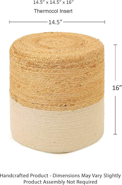 REDEARTH · Cylindrical Pouf Foot Stool Ottoman - Jute Braided Accent Sitting Footrest for The Living Room, Bedroom, Nursery, Patio, Lounge Set of 2 (14.5”x14.5”x16”; Natural Ivory)