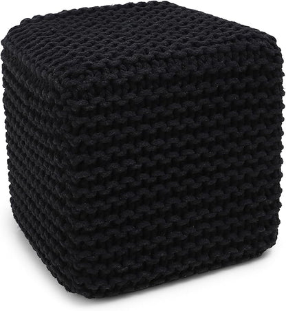 REDEARTH Cube Pouf Foot Stool Ottoman - Hand Knitted Poof - Cord Boho Pouffe - Home Décor - Stuffed Footrest for Living Room - Bedroom - Covered Patio (16" x 16" x 16") - Black