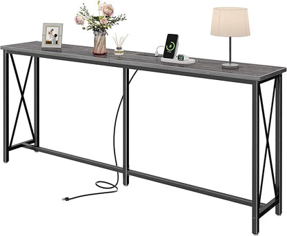SUPERJARE 70 Inch Console Table with Outlets and USB-C Port, Extra Long Behind Couch Sofa Table with X-Shaped Design, Narrow for Entryway, Living Room, Metal Frame, Wooden Top, Grey