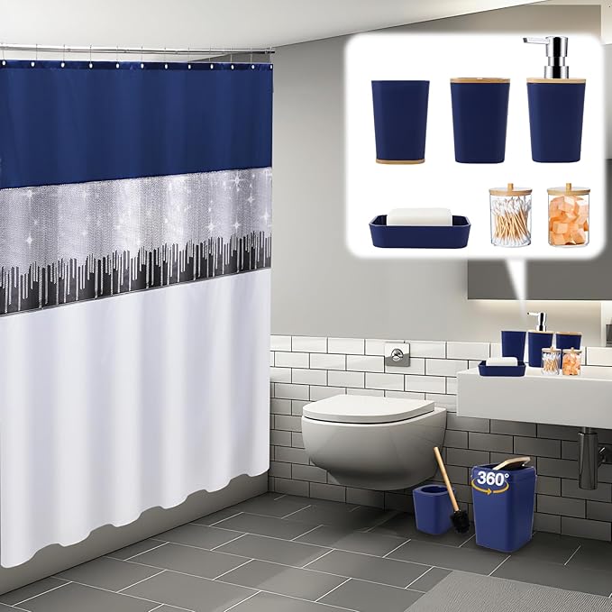 24PCS Bathroom Sets with Shower Curtain and Rugs, Navy Blue Bathroom Accessories Set Navy Blue Shower Curtain Set Bathroom Accessories with Bathroom Trash Can
