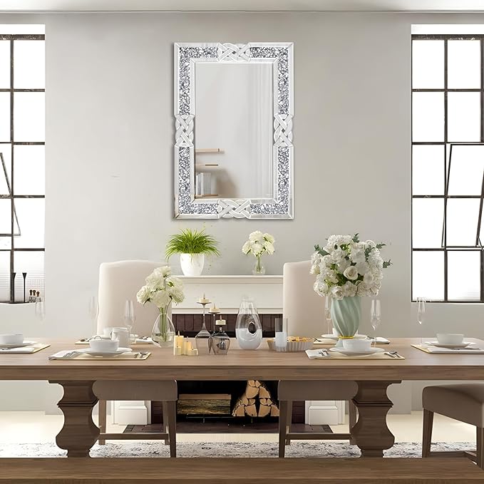 Crushed Diamond Decorative Wall Mirrors, 27.7x39.5 Inch Rectangle Living Room Mirrors for Wall Decor, Modern Glam Bathroom Dining Room Entryway Mirror Silver