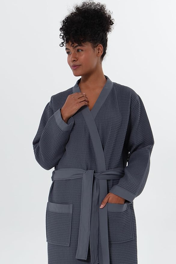 Women’s Luxury Waffle Shawl Collar, Hooded Robe w Piping – Lightweight, Long, Ultra Soft Spa Sleepwear Bathrobe