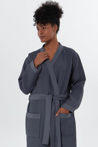 Women’s Luxury Waffle Shawl Collar, Hooded Robe w Piping – Lightweight, Long, Ultra Soft Spa Sleepwear Bathrobe