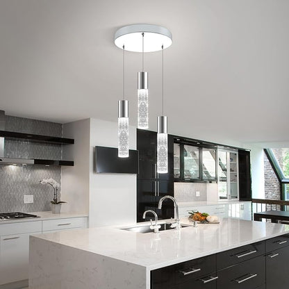 OKELI Smart Dimmable LED 3-Light Pendant Light for Kitchen Island, 18W 1350LM Modern Bubble Crystal Island Light Fixture with TUYA App & Voice Control, Adjustable 3000K-6000K, Electro-Chrome, Round