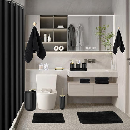 Black Bathroom Accessories Set - 26PCS Black Bathroom Set with Shower Curtain, Rugs, Shower Curtain, Trash Can, Toilet Brush, Soap Dispenser and Toothbrush Set