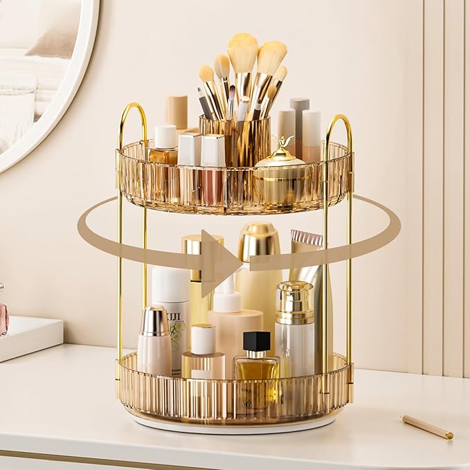 360° Rotating Makeup Organizer, Upgraded 2 Tier Skincare Perfume Organizers for Women, Bathroom Organizer Countertop, Clear Cosmetic Dresser Organizer with Makeup Brush Holder, Sink&Counter(Amber)