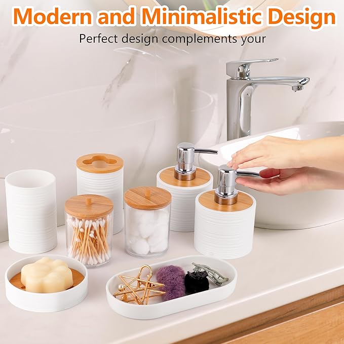 White Bathroom Set, 25 PCS Bathroom Accessories Set with Shower Curtains, Rugs, Trash Can, Toothbrush Holder, Soap Dispensers, Toothbrush Cup, Vanity Tray, Soap Dish, Toilet Brush, Qtip Holders