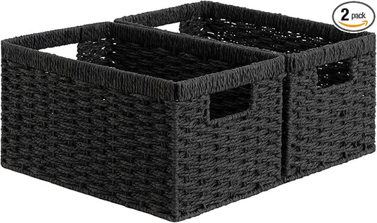 StorageWorks Pantry Baskets, Wicker Storage Baskets for Organizing, Bathroom Shelves, Pantry Organizers and Storage, Medium, Black, 2-Pack