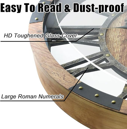 DORBOKER 30'' Large Wall Clock Real Moving Gears Oversized Industrial Solid Wood Rusic Farmhouse Clocks for Living Room Wall Decor Home Office, 30 inch 76cm, Brown and Vintage Bronze