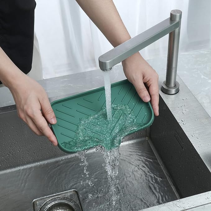 Silicone Bathroom Soap Dishes with Drain Spout-Bathroom and Kitchen Sink Organizer,Sponge Holder,Dish Soap Tray,Perfect for Dispenser,Scrubber,Bottle,Cup on Sink or Counter-Green 9.6"×5.3"