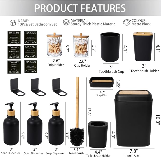 Black and Wood Bathroom Accessories Set 19Pcs, Bathroom Set with Trash Can and Toilet Brush, 3PCS Drill Free 17oz Soap Dispenser Wall Mounted, Toothbrush Holder and Cup, Soap Dish, Qtip Holder