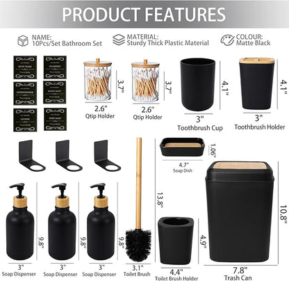 Black and Wood Bathroom Accessories Set 19Pcs, Bathroom Set with Trash Can and Toilet Brush, 3PCS Drill Free 17oz Soap Dispenser Wall Mounted, Toothbrush Holder and Cup, Soap Dish, Qtip Holder