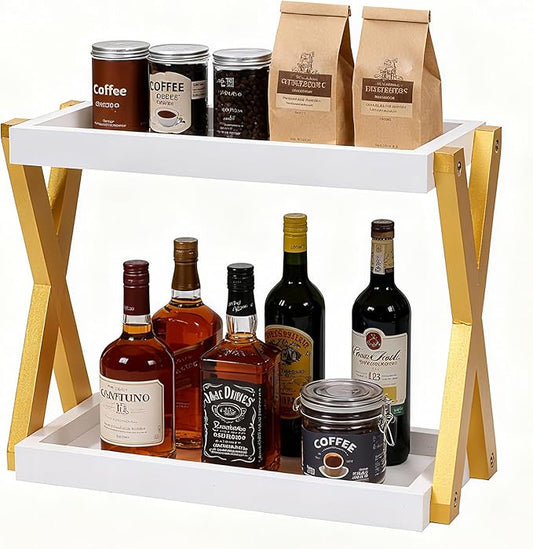 Bathroom Counter Organizer with Basket, Wooden Sink Shelf for Vanity Storage, Storage Organizers for Bathroom, Kitchen, Dresser (Gold-White)