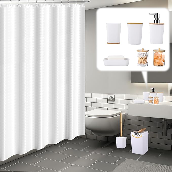 White Bathroom Sets Accessories with Waffle Shower Curtain,Bathroom Sets with Trash Can,Toothbrush Holder,Toothbrush Cup,Soap Dispense,Tray,Soap Dish,Toilet Brush,Qtip Holder