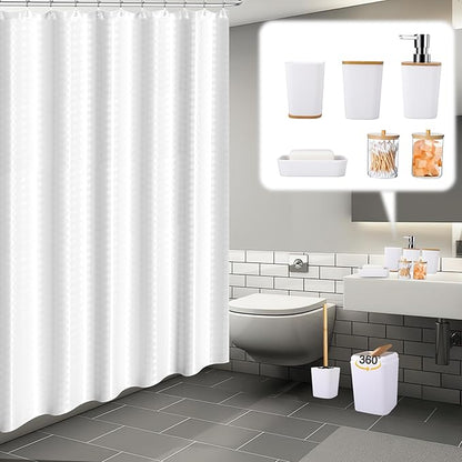 White Bathroom Sets Accessories with Waffle Shower Curtain,Bathroom Sets with Trash Can,Toothbrush Holder,Toothbrush Cup,Soap Dispense,Tray,Soap Dish,Toilet Brush,Qtip Holder