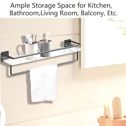 AIJALY Acrylic Floating Shelves Wall Mounted Hanging Shelves with Black Towel Rack Decorative Storage Shelves，2 Pack 15.7-lnch Bathroom Shower Acrylic Shelf