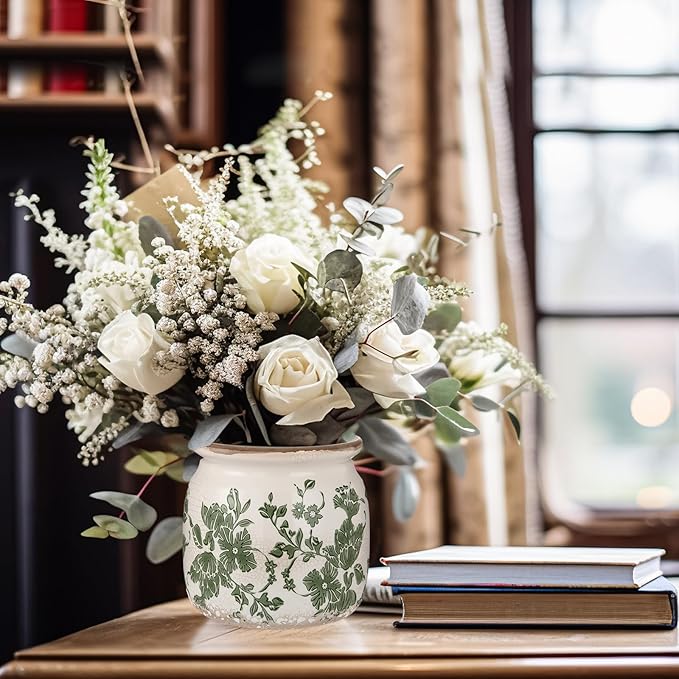 Vintage Planter Large Ceramic Plants Pot Beige Green Vintage Floral Ice Crack Cottage Scroll Vase Flower Vase Pot Indoor Plants Home Kitchen Decor Farmhouse Antique Decorative Gifts