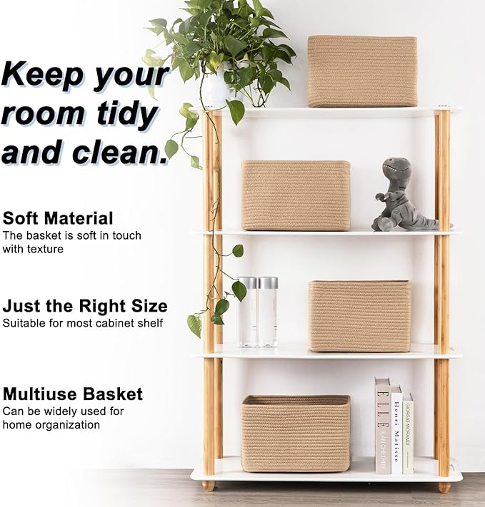 4 Pack Storage Baskets for Organizing, Woven Baskets for Shelves - Perfect for Toys, Books, Towels, and Clothes, Durable Gift Basket Bins Toy Storage, 12.7''L x9''W x7.8''H, Jute