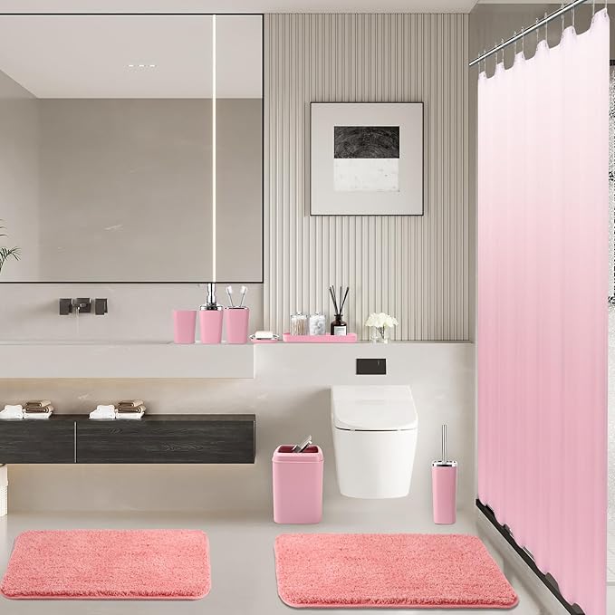 Bathroom Accessory Set–Bathroom Sets with Shower Curtain and Rugs, Non Slip Bathroom Rugs Super Absorbent, Pink Ombre Waterproof Shower Curtain with Hooks, Pink Bathroom Sets Complete for Home