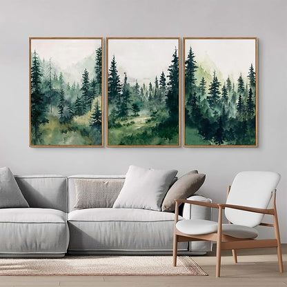 Tinonedraw Misty Forest Framed Canvas Wall Art Set, Modern Pine Trees Wall Painting, Watercolor Nature Foggy Landscape Wall Decor, Neutral Mountain ArtWork for Bedroom Living Room and Office 24"x36"x3