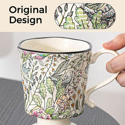 360ml -12.17oz Painted Garden floral Ceramic Mug - Cute Espresso Latte Shot Cup - Gift for Women, Dishwasher Safe