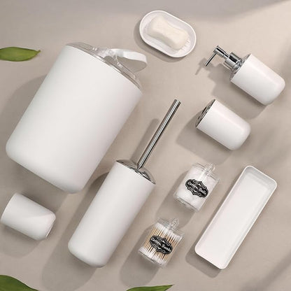 White Bathroom Set,9 Piece Bathroom Accessories Set,Tray,Soap Dispenser,Toothbrush Holder,Toothbrush Cup,Soap Dish,Toilet Brush,Qtip Holders,Trash Can for Bathroom Décor and Housewarming Gifts