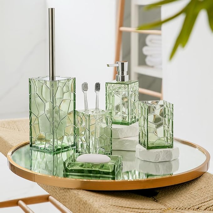 Clear Acrylic Bathroom Accessories Set - Rust-Free, Transparent Design - Includes Soap Dispenser, Toothbrush Holder, Cup, Soap Dish, and Toilet Brush 5-Piece (Saga Green)