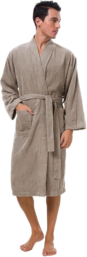 SIORO Mens Robe Terry Cloth Kimono Bathrobe Cotton Soft Shower Towel Bath Robes Calf Length Housecoat for Spa Hotel Hot Tub