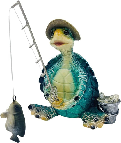 Turtle Fishing Decor, Summer Garden Statues, Nautical Coastal Beach Decorations, Home Office Decor Gifts, Bookshelf Desk Bathroom Tabletop Statue Ornament (Turtle Fishing)