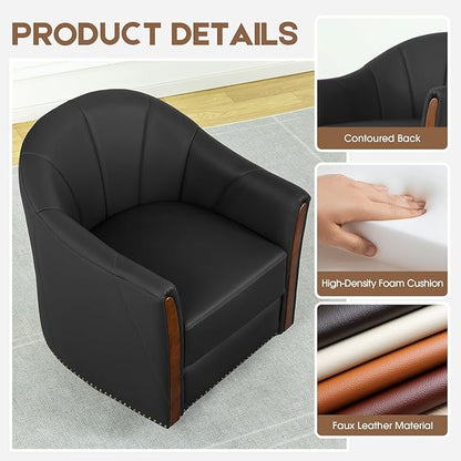 360° Swivel Accent Chair, Modern Leather Barrel Club Chair with PU Leather Upholstery and Sturdy Wood Base, Comfortable Armchair for Living Room, Bedroom, Reading Nook, Black