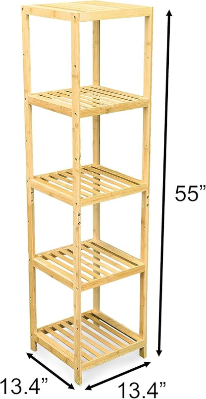 Bam & Boo - 5-Tier Multipurpose Square Shelf Modern Natural Bamboo - for Living Room, Bedroom, Office, Kitchen, Pantry(55” x 13.4” x 13.4”)