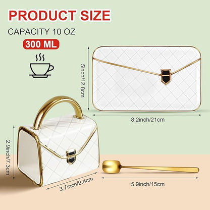 Zubebe 1 Set Coffee Mug Elegant Handbag Shaped Cup Modern Ceramic Purse Mug with Spoon and Saucer, 10oz Cute Creative Tea Cup for Office Home Woman Girls Gift (White)