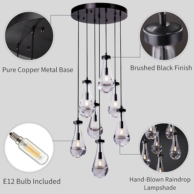 7 Light Raindrop Chandeliers, Bronze Teardrop Cluster Pendant Lights Kitchen Island, Black Dining Room Chandelier Over Table Hanging Pendant Lighting for High Ceiling, Entryway Staircase