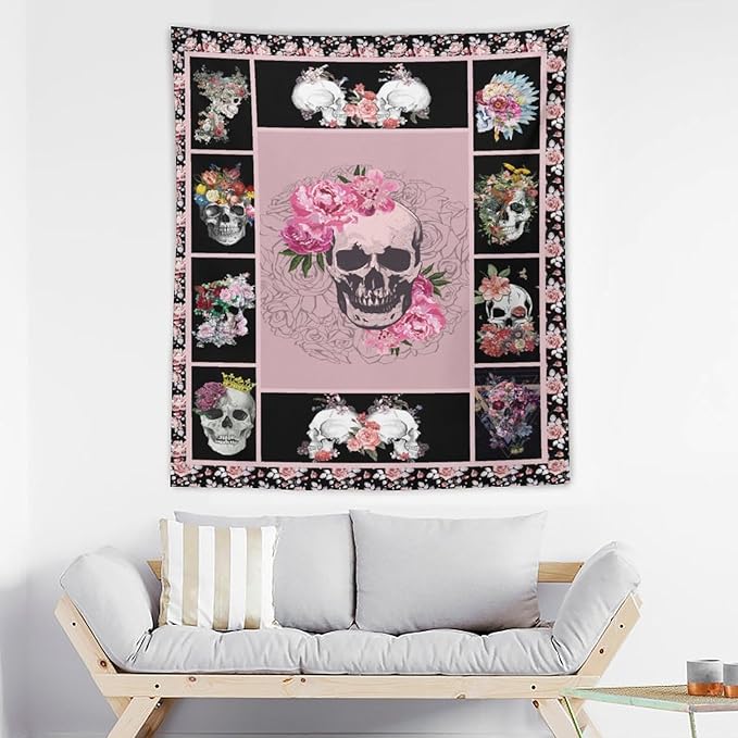 yowecso Sugar Skull Tapestry Horror Skeleton Tapestry Wall Hanging for Bedroom Rose Skull Tapestries Aesthetic Wall Decor for Home Dorm Living Room 50"x60"