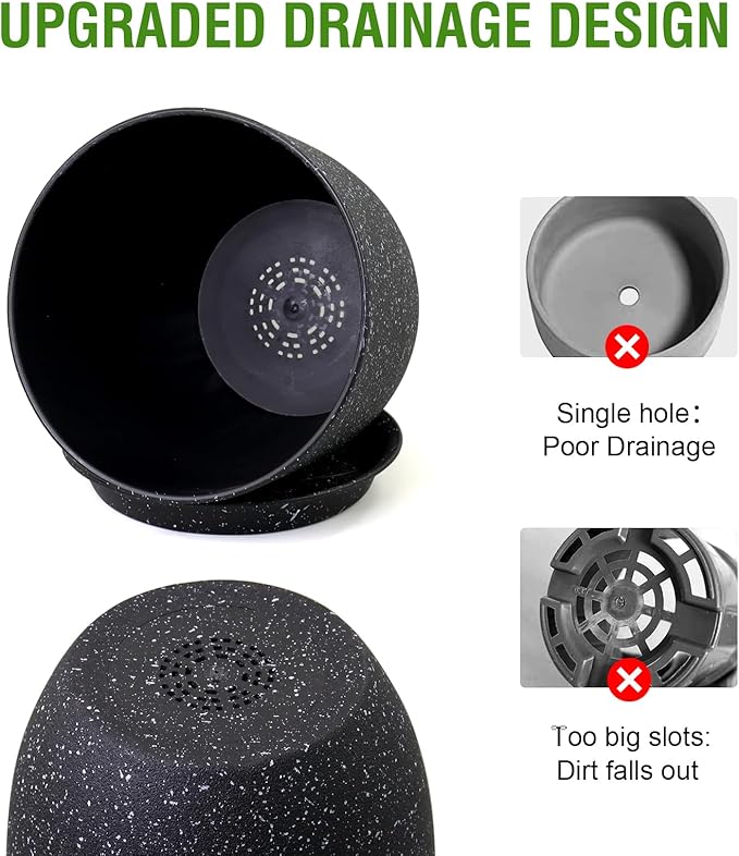9/8/7.5 inch Plant Pots, Set of 3 Modern Decorative Plastic Planters with Drainage Holes and Saucer for Garden House Plants, Flower Pots for Indoor Outdoor Plants, Speckled Black
