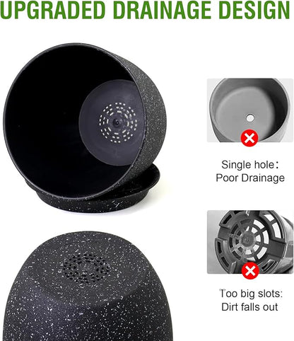 9/8/7.5 inch Plant Pots, Set of 3 Modern Decorative Plastic Planters with Drainage Holes and Saucer for Garden House Plants, Flower Pots for Indoor Outdoor Plants, Speckled Black