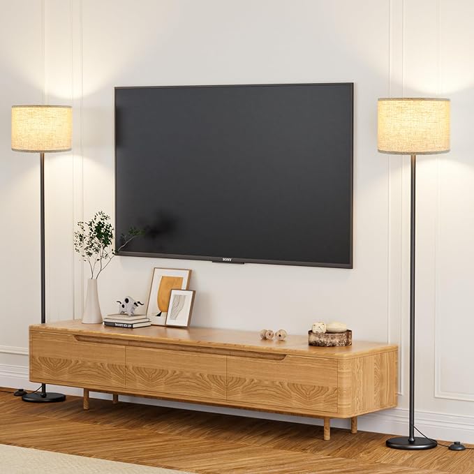 Ambimall 60'' Modern Floor Lamp Set of 2, 2PK Tall Lamps for Living Room Bedroom, Beige Shade with Black Pole(Without Bulb)