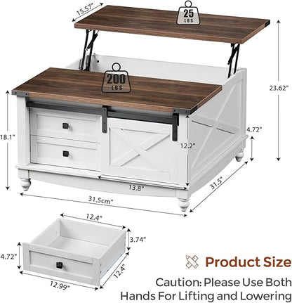31.5" Lift Top Coffee Table with Storage, Farmhouse Coffee Tables for Living Room, Square Coffee Table with Large Hidden Storage Compartment, 2 Drawers & Removable Shelves, White