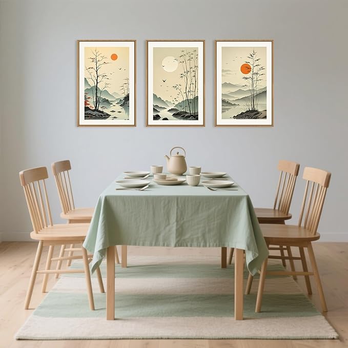 Chinoiserie Bamboo Forest Framed Canvas Wall Art Set, Nature Tree Lakes Wall Decor, Minimalist Zen Landscape Wall Painting, Watercolor Art Prints for Living Room, Bedroom, Office 16"X24"X3