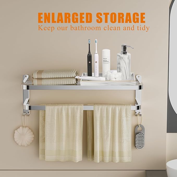 DDS-DUDES Bathroom Towel Rack Towel Shelf with Double Towel Bars Lavatory Wall Mount Holder with Hooks Stainless Steel Hotel Bath Rack 23 inches