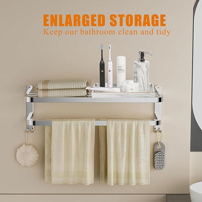 DDS-DUDES Bathroom Towel Rack Towel Shelf with Double Towel Bars Lavatory Wall Mount Holder with Hooks Stainless Steel Hotel Bath Rack 23 inches