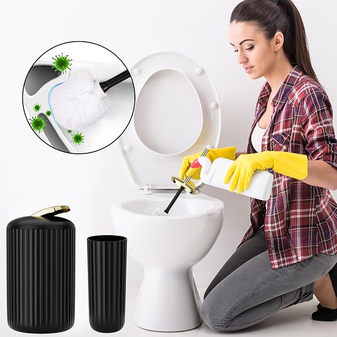 Black Bathroom Accessories Set - 26PCS Black Bathroom Set with Shower Curtain, Rugs, Shower Curtain, Trash Can, Toilet Brush, Soap Dispenser and Toothbrush Set