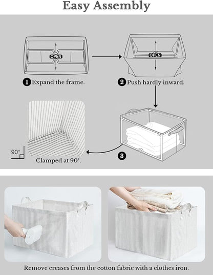 StorageWorks Storage Bins, Fabric Storage Bins for Shelves, Extra Large Storage Baskets with Metal Frame, Closet Baskets and Bins with Handles, Jumbo, Gray and White Stripes, 2-Pack