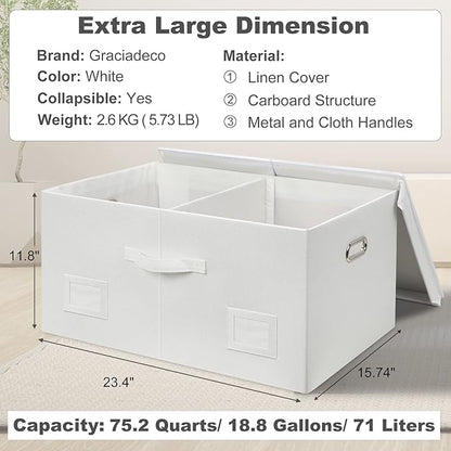 75 Quarts Extra Large Decorative Storage Bins with Lids, 3 Packs White Collapsible Storage Bins with Lids, Stackable Storage Bins Decorative Box Storage With Lid Extra Large