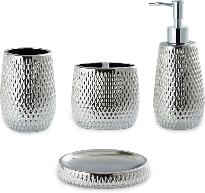 Silver Bathroom Accessory Set 4 Piece Ceramic Bath Accessories Sets Complete, Rain- Drop Shaped Bathroom Essential with Toothbrush Holder & Dish, Tumbler, Soap Dispenser Set for Bath Decor