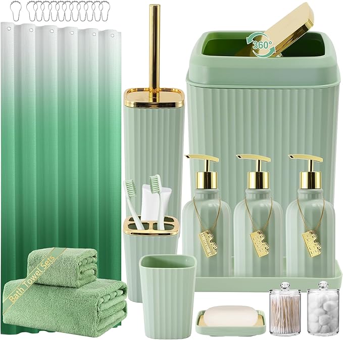 32PCS Bathroom Accessories Set Bathroom Set,Green Shower Curtain Set,Bath Towel Set,Hand Towel,Toilet Brush,Trash Can & 3PCS Soap Dispenser