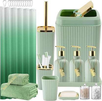 32PCS Bathroom Accessories Set Bathroom Set,Green Shower Curtain Set,Bath Towel Set,Hand Towel,Toilet Brush,Trash Can & 3PCS Soap Dispenser