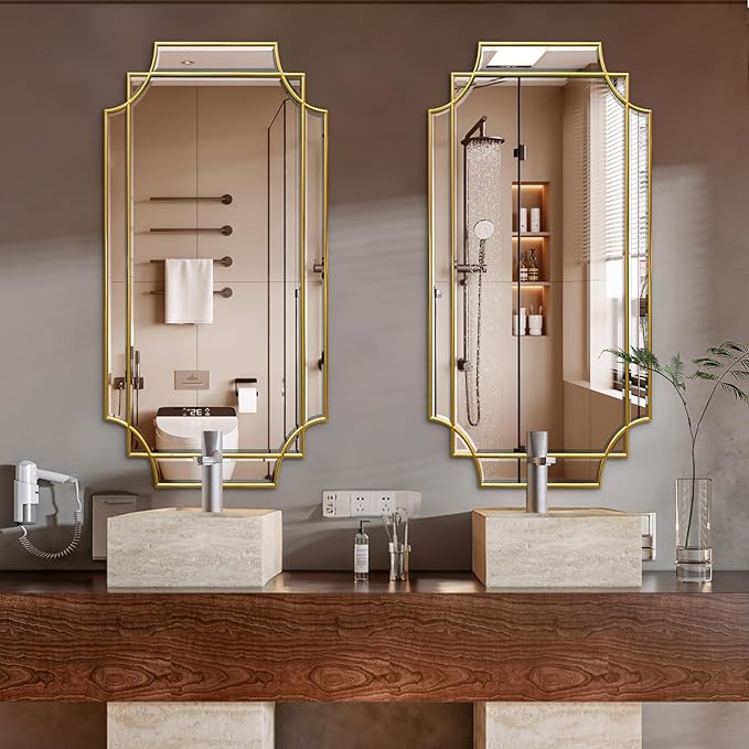Wall Mirror Full Length, 47" x 24" Gold Framed Full Body Mirror, Scalloped Beveled Polished Decorative Mirrors, Large Rectangle Irregular Wall Mirror for Bathroom/Bedroom/Living Room/Entryway