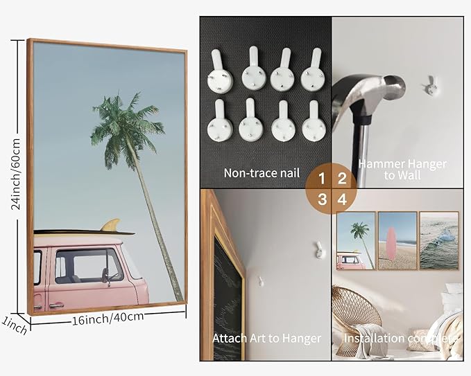 Tinonedraw Large Ocean Beach Framed Canvas Wall Art, Summer Coastal Surfboard Wall Decor, Palm Tree Pink Car Artwork, Modern Surfing Seascape Art Prints for Living Room Bedroom Office 16"x24"x3